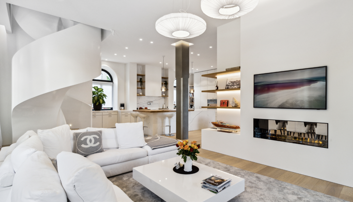 The white living room with fireplace